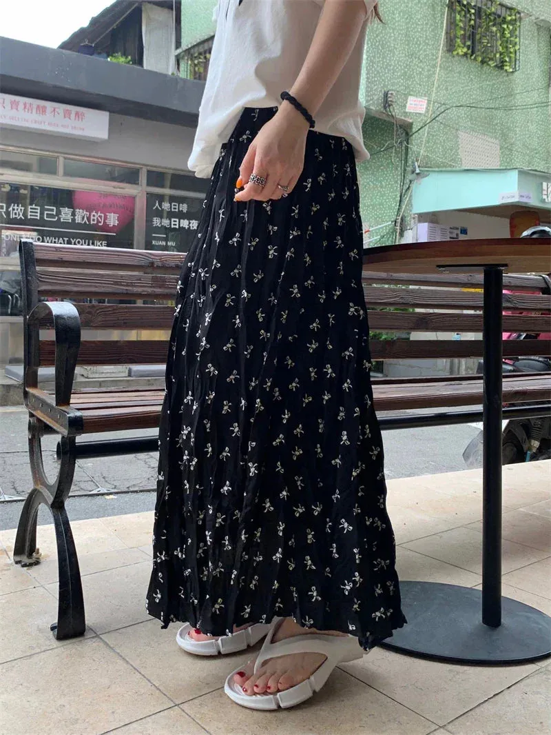 Waist Holiday Print Big Maxi Bows Summer Casual Elastic Swing Chic Skirt