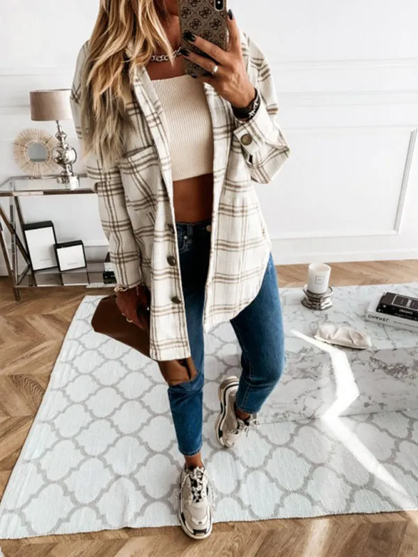 Wenkouban-Winter outfits ideas Women's Plaid Casual Brushed Wool Cardigan Jacket