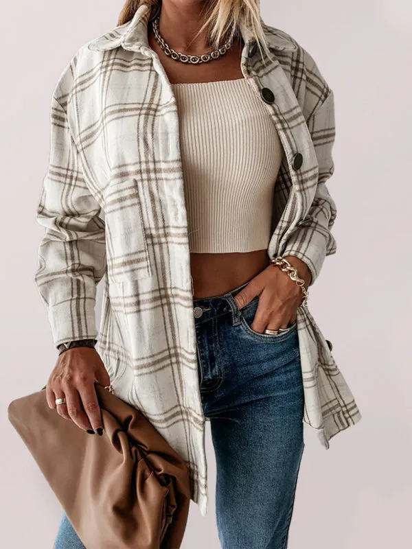 Wenkouban-Winter outfits ideas Women's Plaid Casual Brushed Wool Cardigan Jacket