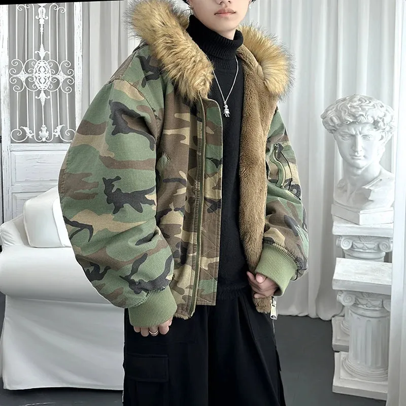 WIAOFELLAS  -  Winter Camouflage Hooded Jacket Men Women Both Sides Can Wear Faux Fur Streetwear Fashion Loose Short Hood Parka Coat Outerwear