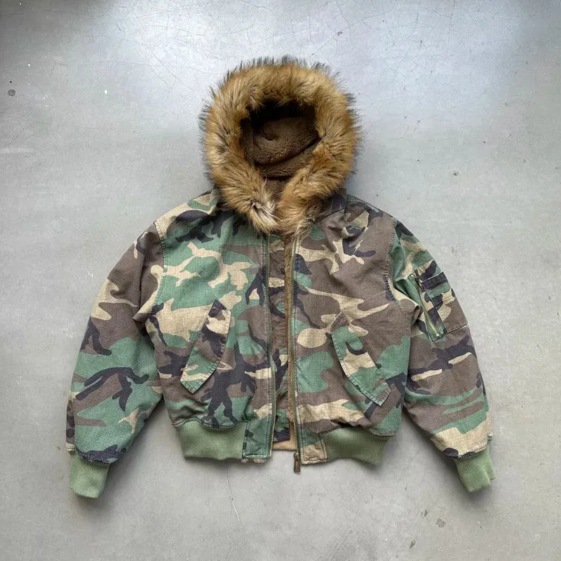 WIAOFELLAS  -  Winter Camouflage Hooded Jacket Men Women Both Sides Can Wear Faux Fur Streetwear Fashion Loose Short Hood Parka Coat Outerwear