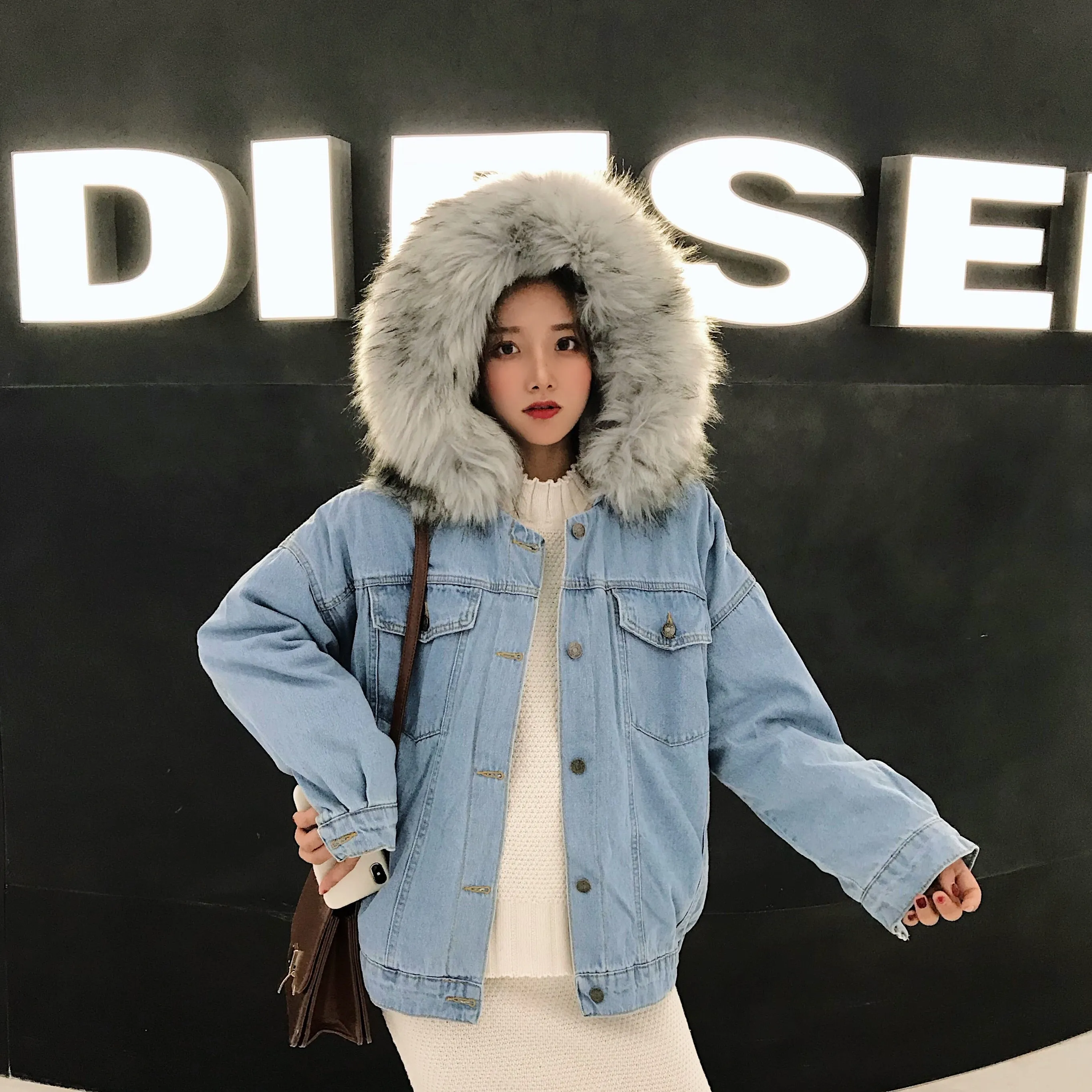 Women Denim Fur Hooded Coat Casual Jackets Single Breasted Outwear