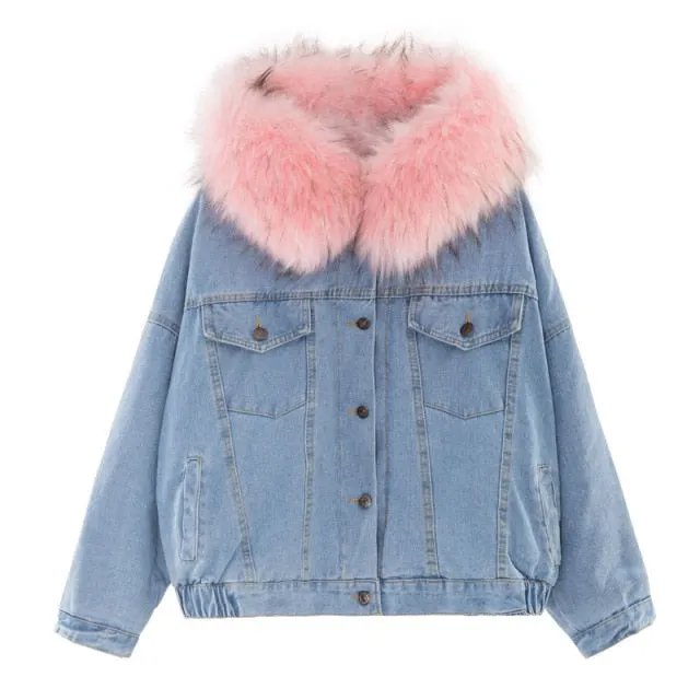 Women Denim Fur Hooded Coat Casual Jackets Single Breasted Outwear