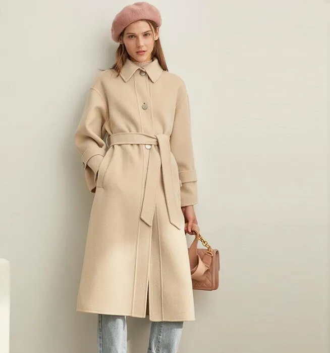 Women Long Wool Coat Handmade Winter Woolen Coat Jacket Waist Belt/3211