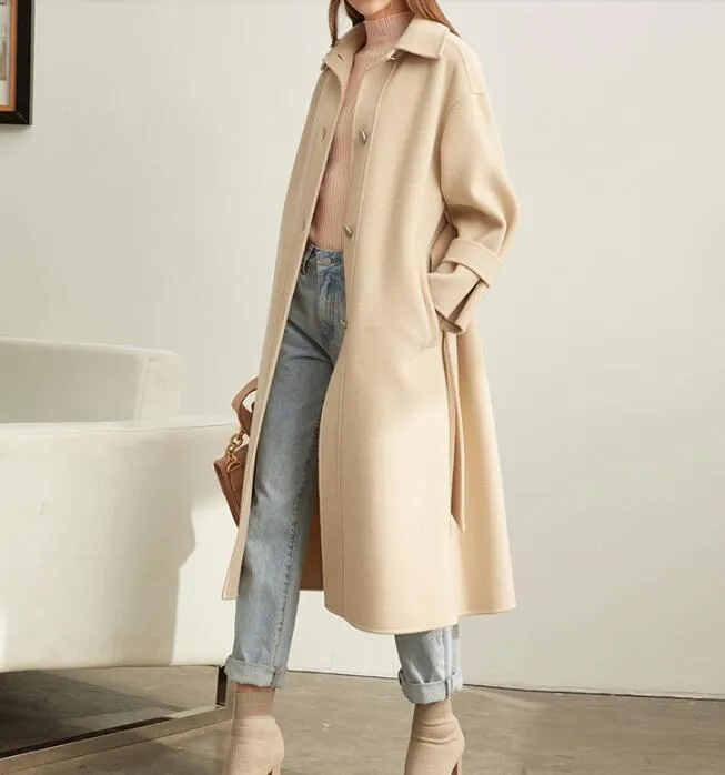 Women Long Wool Coat Handmade Winter Woolen Coat Jacket Waist Belt/3211