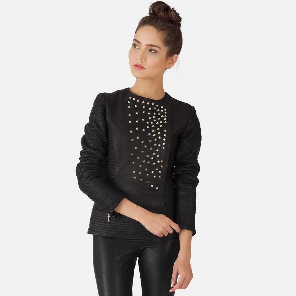 Womens Celeste Studded Black Leather Jacket