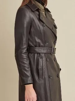 Womens Double-Breasted Belted Leather Trench Coat