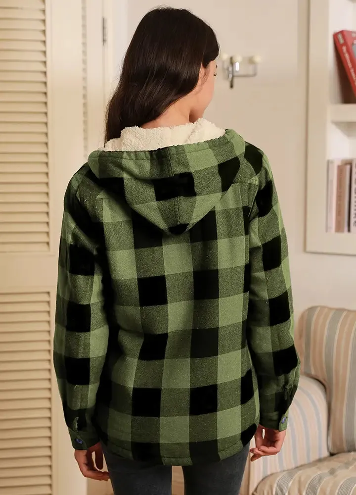 Women's Matching Family Sherpa Lined Green Flannel Jacket with Hood