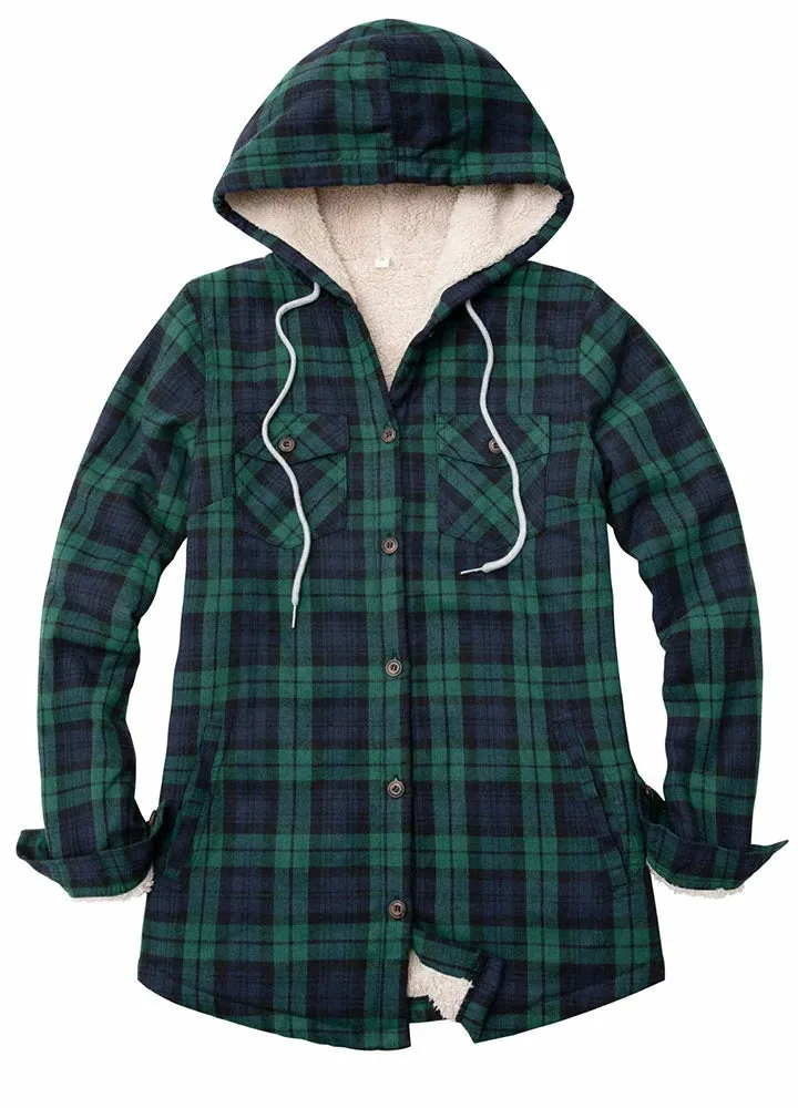 Women's Matching Family Sherpa Lined Green Flannel Jacket with Hood