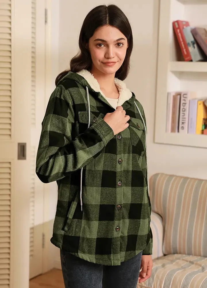 Women's Matching Family Sherpa Lined Green Flannel Jacket with Hood