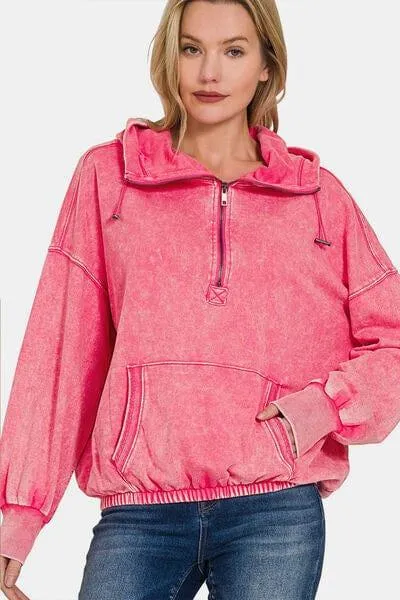 Zenana Dropped Shoulder Cotton Half Zip Hoodie