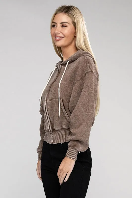 Zenana Ignite The Night Acid Wash Cropped Hoodie