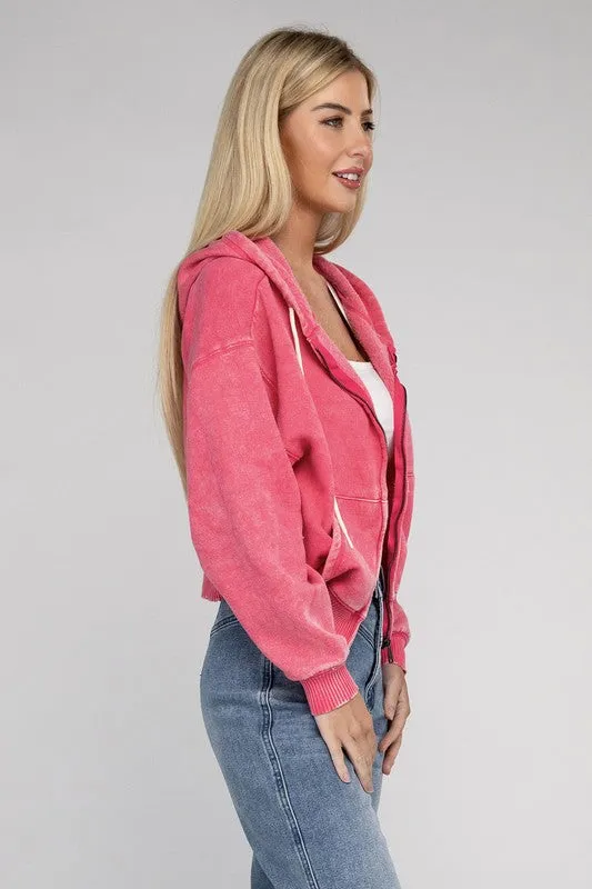 Zenana Ignite The Night Acid Wash Cropped Hoodie