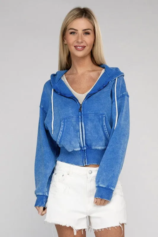 Zenana Ignite The Night Acid Wash Cropped Hoodie