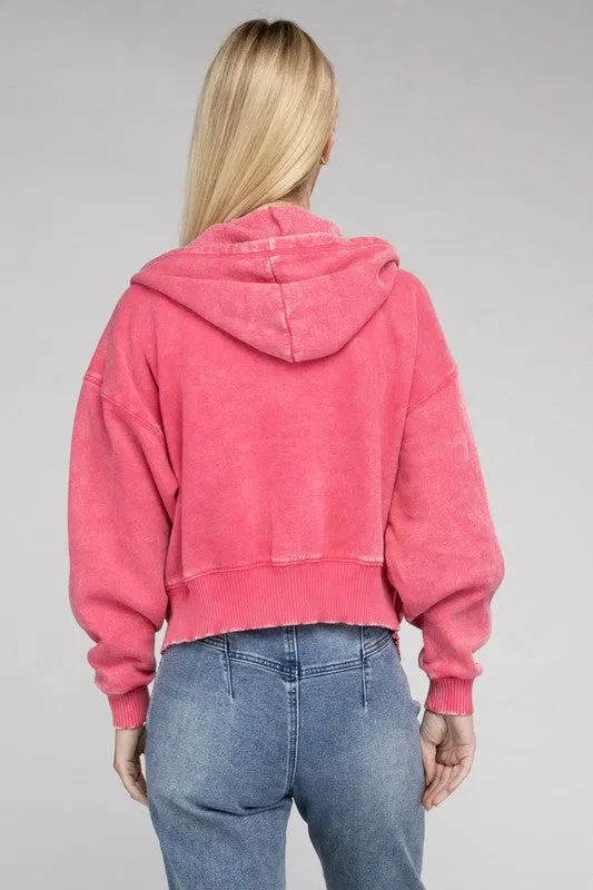 Zenana Ignite The Night Acid Wash Cropped Hoodie