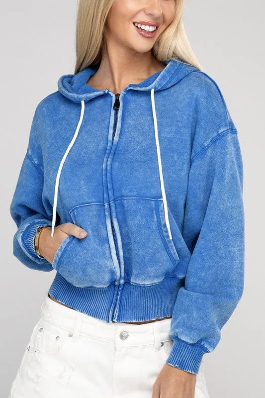 Zenana Ignite The Night Acid Wash Cropped Hoodie