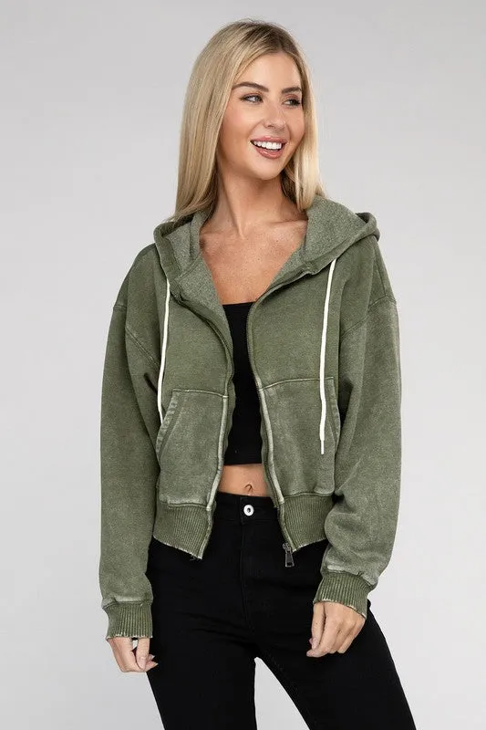 Zenana Ignite The Night Acid Wash Cropped Hoodie