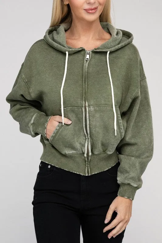 Zenana Ignite The Night Acid Wash Cropped Hoodie