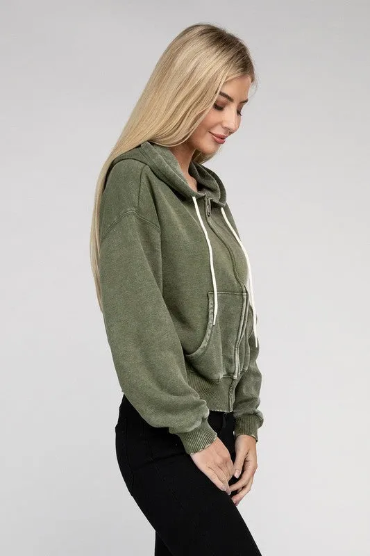 Zenana Ignite The Night Acid Wash Cropped Hoodie