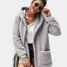 Zip Up Long Sherpa Jacket With Hood Fluffy Fleece in Grey