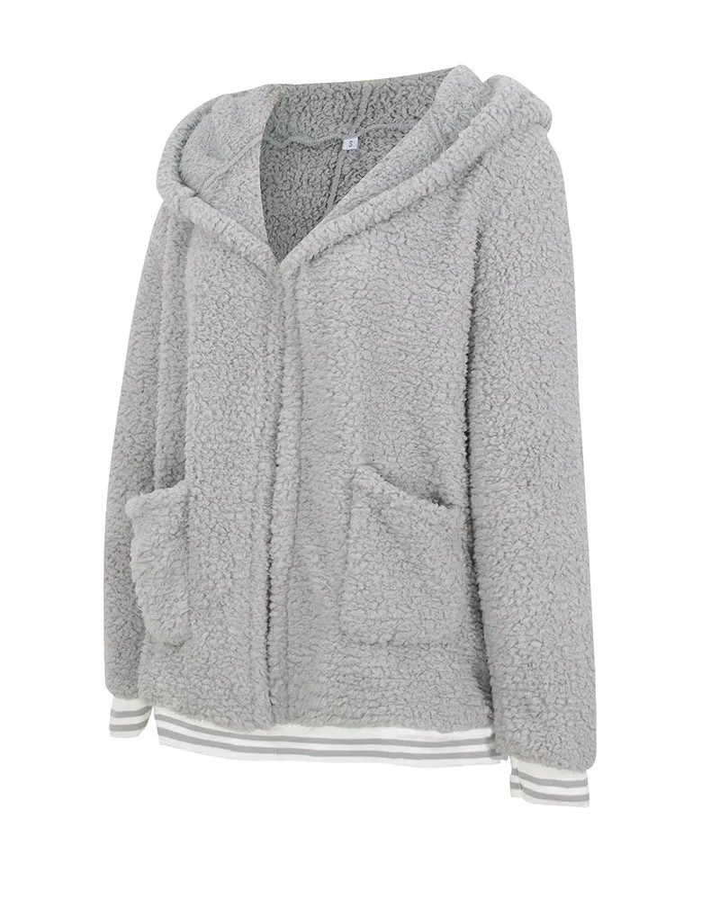 Zip Up Long Sherpa Jacket With Hood Fluffy Fleece in Grey