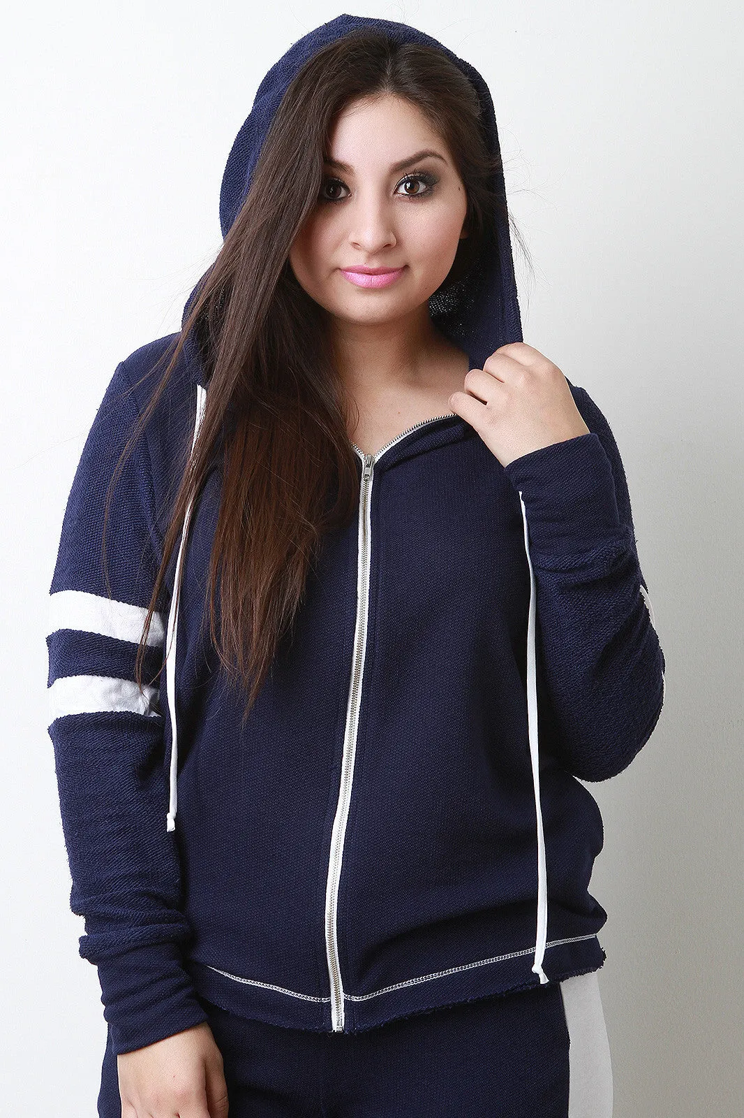 Zip Up Striped Sleeves Hoodie